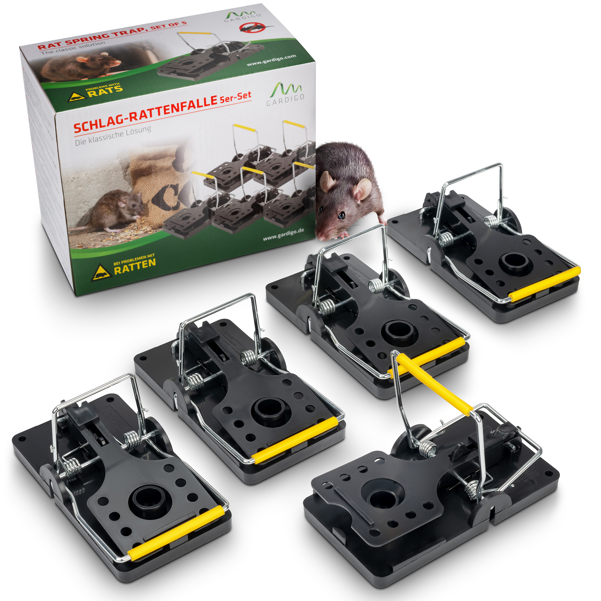 Die Schlag-Rattenfalle von GARDIGO im 5er-Set mit Verpackung