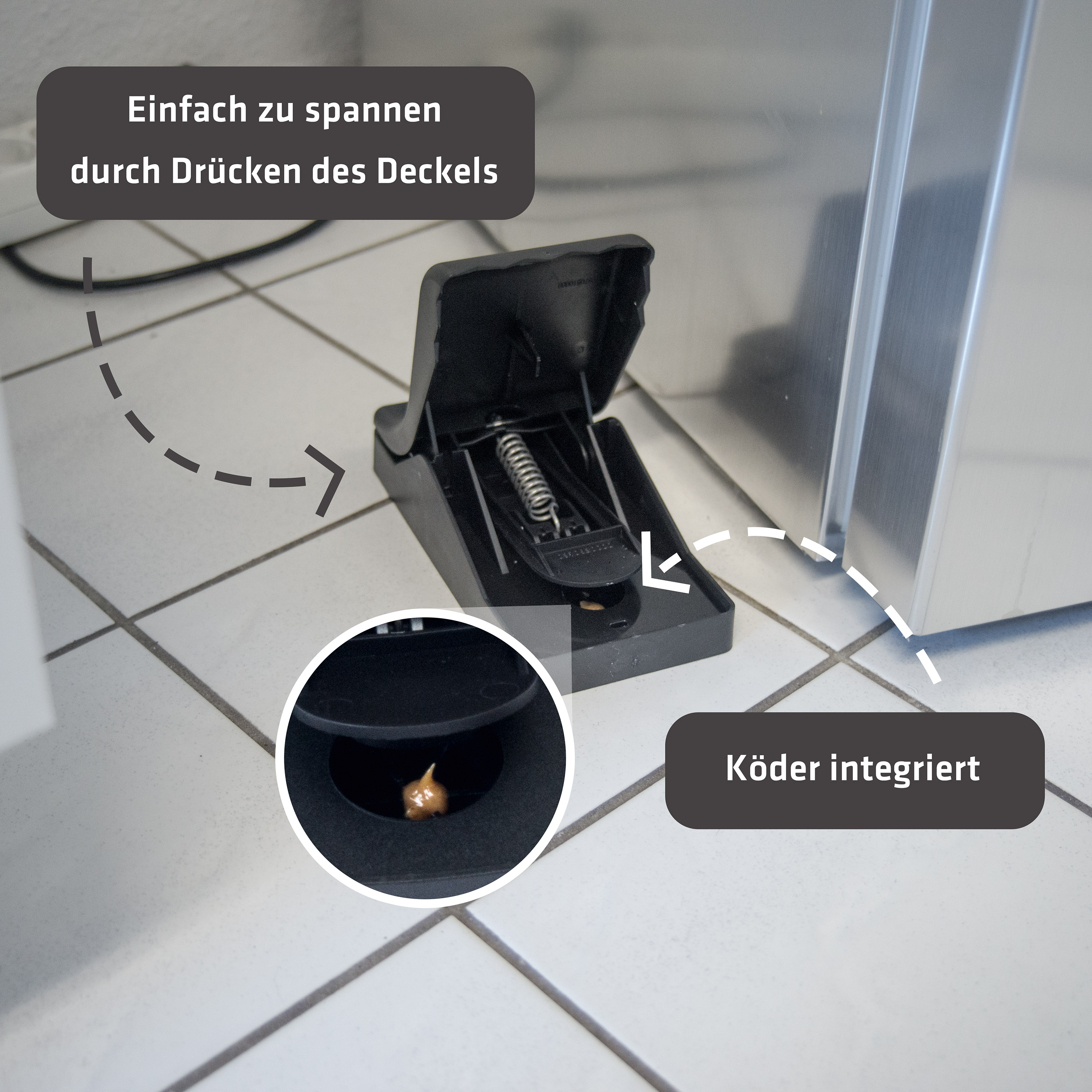 In dieser Falle ist der Köder bereit integriert und Sie brauchen sie nur noch zu platzieren.