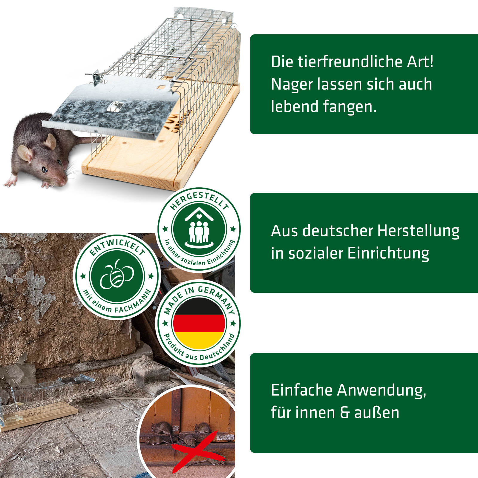 Die Leben-Rattenfalle wird in einer sozialen Einrichtung in Deutschland gefertigt. 