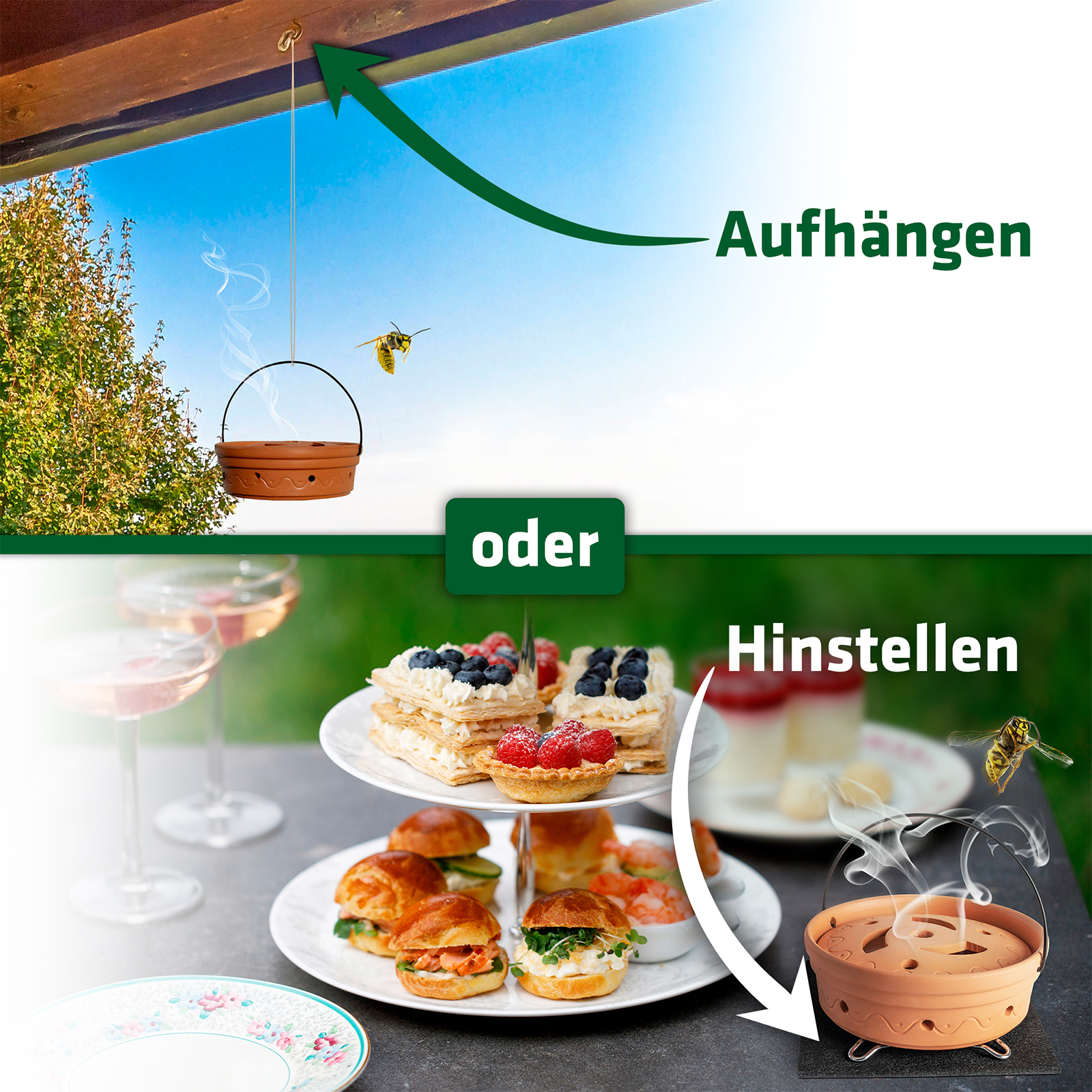 Der Wespen-Verdufter Kaffe kann aufgehängt oder auf eine flache Oberfläche gestellt werden.