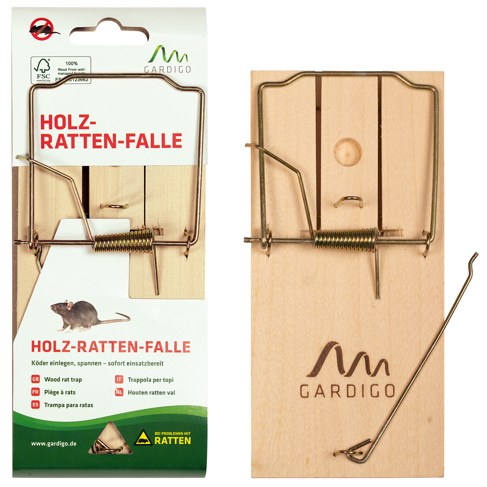 In dieser Verpackung liefern wir Ihnen die Holz-Rattenfalle.