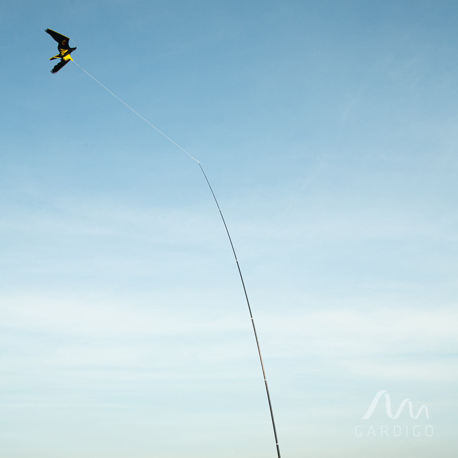 Vogelabwehr-Drachen-am-Himmel-60087 Der Mast ist etwa 9m Lang. Damit fliegt der Drachen ca. 10 m über dem Boden, um kleineren Vögeln Furcht einzuflößen.