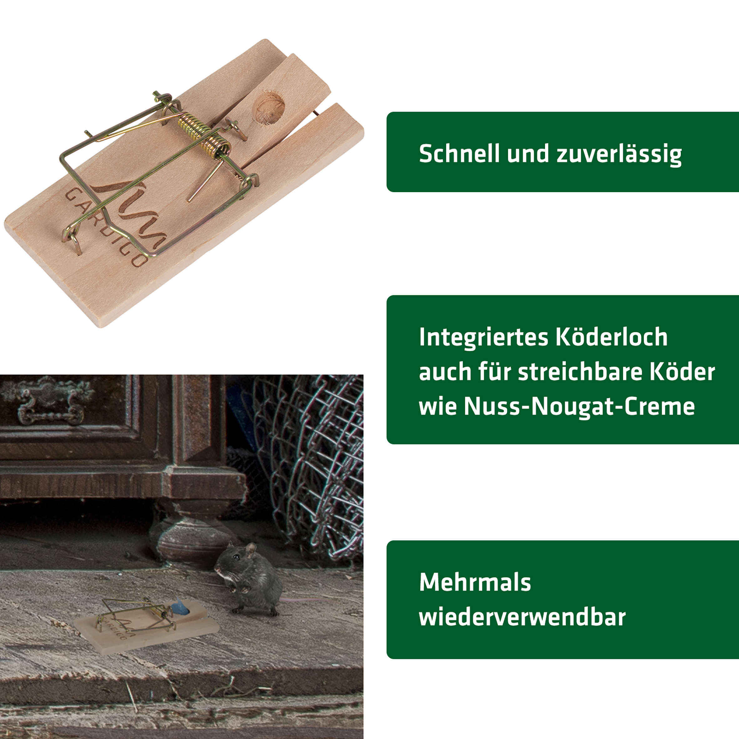 Die Features unserer Schlagmausefalle aus Holz im Überblick.