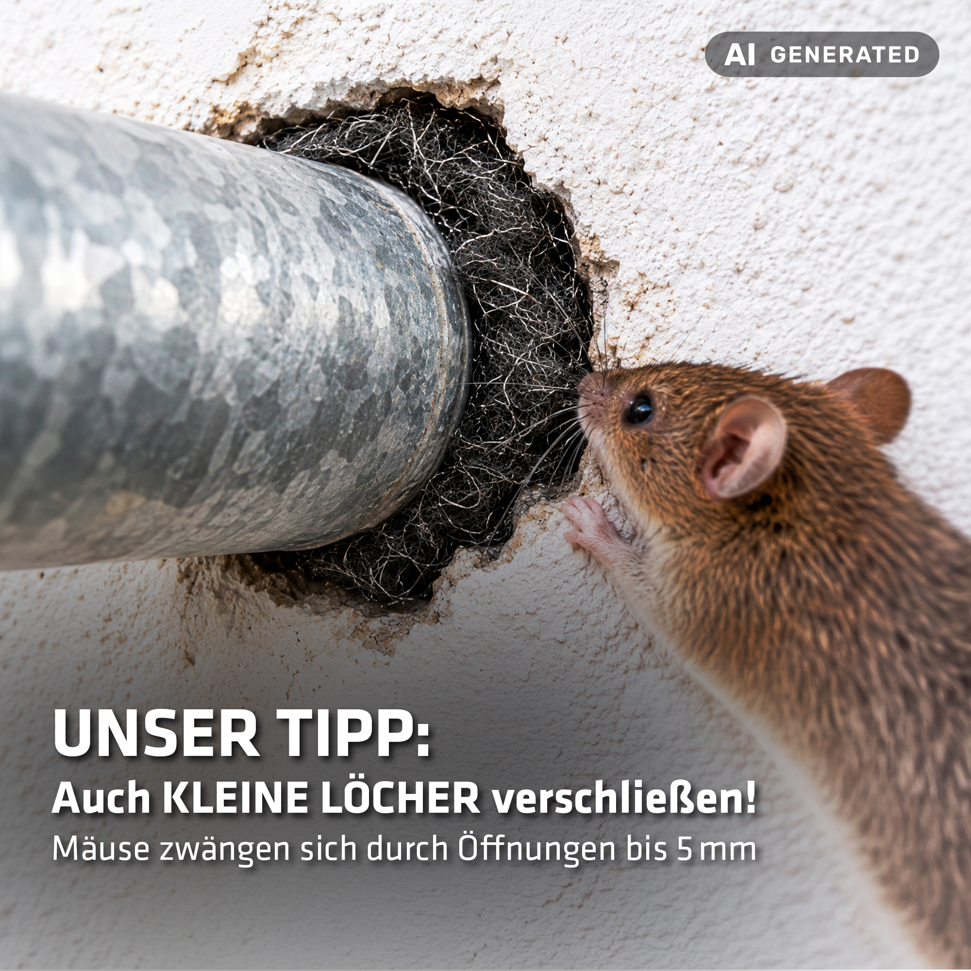 Unser Tipp: Auch kleine Löcher verschließen! Mäuse zwängen sich durch Öffnungen bis 5mm.